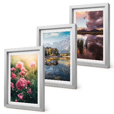Ensemble de 3 tableaux Des fleurs dans le jardin, des montagnes et la surface calme de l'eau