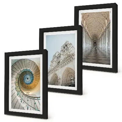Lot de 3 tableaux représentant l'escalier en colimaçon de la cathédrale, la vue de la façade et un couloir carrelé