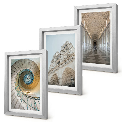 Lot de 3 tableaux L'escalier en colimaçon de la cathédrale, vue de la façade du bâtiment et un couloir carrelé