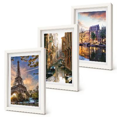 Ensemble de 3 tableaux La tour Eiffel, les canaux de Venise et les rues d'Amsterdam