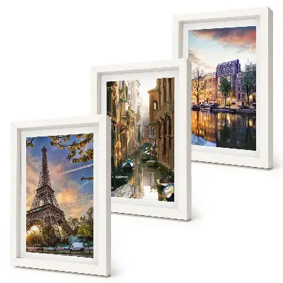 Ensemble de 3 tableaux représentant la tour Eiffel, les canaux de Venise et les rues d'Amsterdam