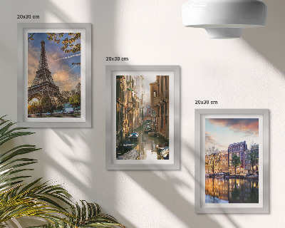 Ensemble de 3 tableaux La tour Eiffel, les canaux de Venise et les rues d'Amsterdam