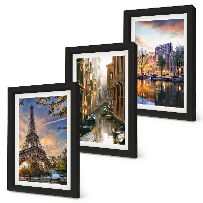 Ensemble de 3 tableaux La tour Eiffel, les canaux de Venise et les rues d'Amsterdam