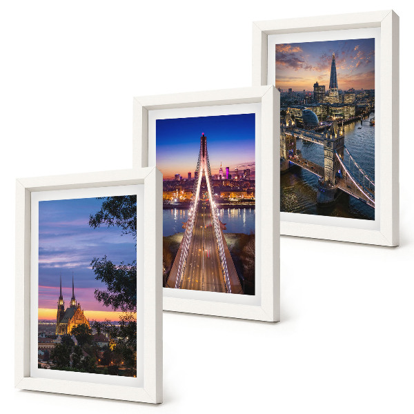Ensemble de 3 tableaux Vues de la ville avec ponts et couchers de soleil