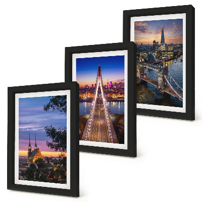 Ensemble de 3 tableaux Vues de la ville avec ponts et couchers de soleil
