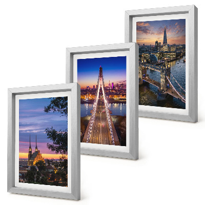 Ensemble de 3 tableaux Vues de la ville avec ponts et couchers de soleil