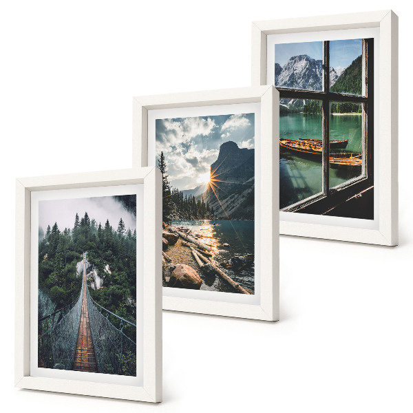 Lot de 3 tableaux Pont sur le lac forestier avec des bateaux et vue sur la montagne