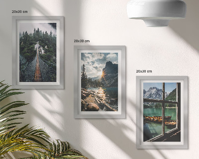 Lot de 3 tableaux Pont sur le lac forestier avec des bateaux et vue sur la montagne