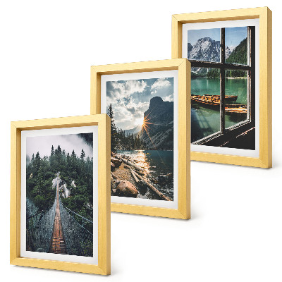 Lot de 3 tableaux Pont sur le lac forestier avec des bateaux et vue sur la montagne