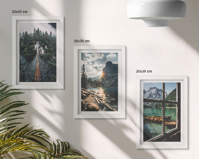 Lot de 3 tableaux Pont sur le lac forestier avec des bateaux et vue sur la montagne