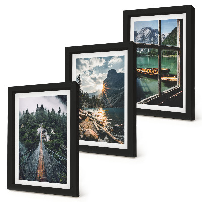 Lot de 3 tableaux Pont sur le lac forestier avec des bateaux et vue sur la montagne