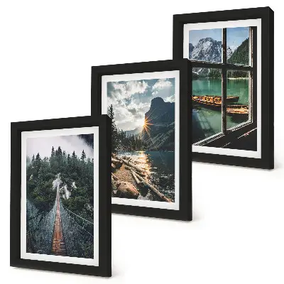Lot de 3 tableaux représentant un pont sur un lac forestier avec des bateaux et une vue sur la montagne