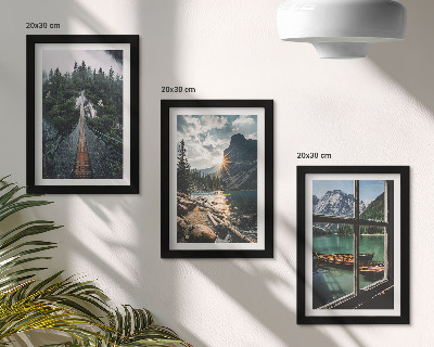 Lot de 3 tableaux Pont sur le lac forestier avec des bateaux et vue sur la montagne