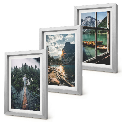 Lot de 3 tableaux Pont sur le lac forestier avec des bateaux et vue sur la montagne