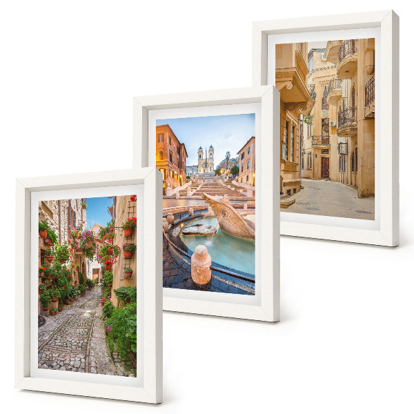 Ensemble de 3 tableaux Rues charmantes et fontaines dans une architecture pittoresque