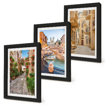 Ensemble de 3 tableaux Rues charmantes et fontaines dans une architecture pittoresque