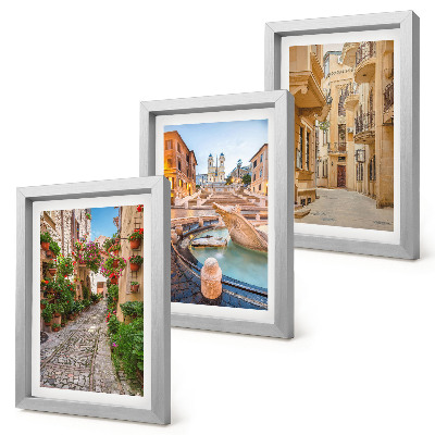 Ensemble de 3 tableaux Rues charmantes et fontaines dans une architecture pittoresque