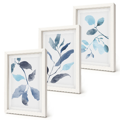 Mur de cadres Feuilles bleues sur fond clair, style aquarelle