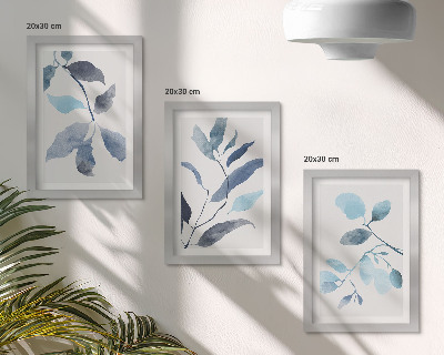 Mur de cadres Feuilles bleues sur fond clair, style aquarelle