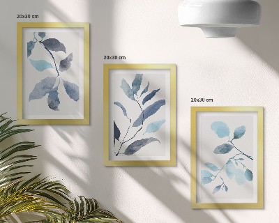 Mur de cadres Feuilles bleues sur fond clair, style aquarelle