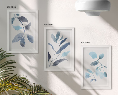 Mur de cadres Feuilles bleues sur fond clair, style aquarelle