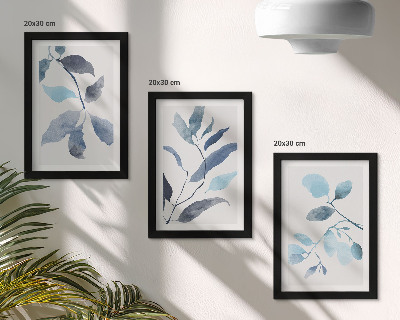 Mur de cadres Feuilles bleues sur fond clair, style aquarelle