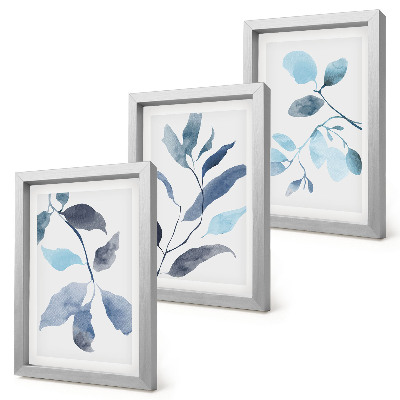 Mur de cadres Feuilles bleues sur fond clair, style aquarelle