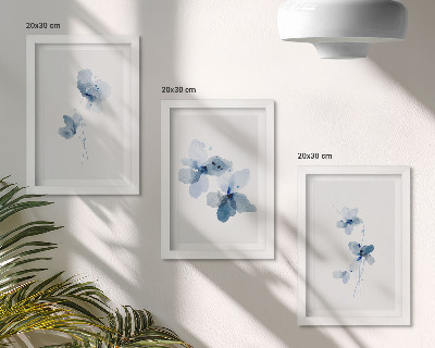 Lot de 3 tableaux Fleurs dans des tons de bleu sur fond clair