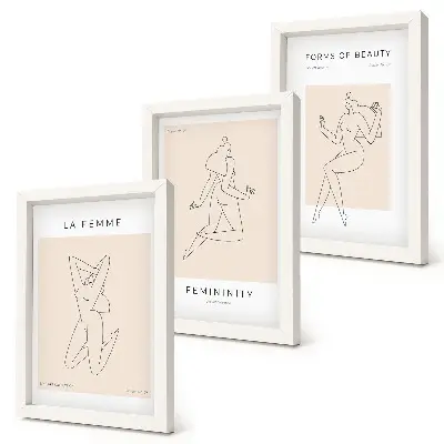 Mur de cadres avec affiches minimalistes représentant des silhouettes linéaires de femmes
