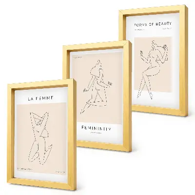 Mur de cadres avec affiches minimalistes représentant des silhouettes linéaires de femmes