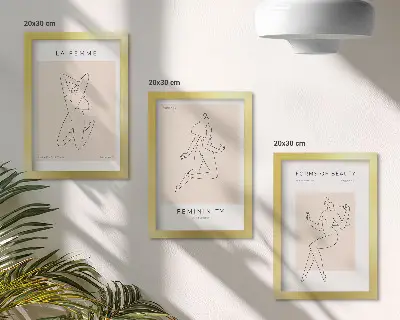 Mur de cadres avec affiches minimalistes représentant des silhouettes linéaires de femmes