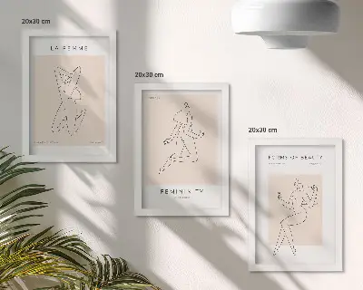 Mur de cadres avec affiches minimalistes représentant des silhouettes linéaires de femmes