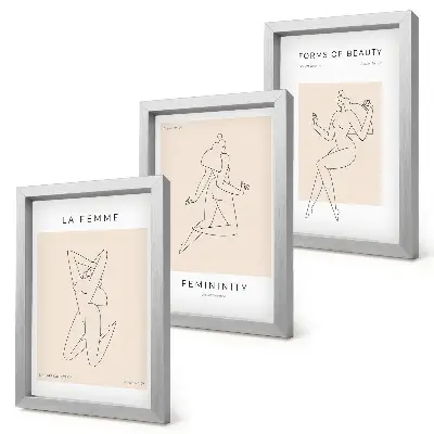 Mur de cadres avec affiches minimalistes représentant des silhouettes linéaires de femmes