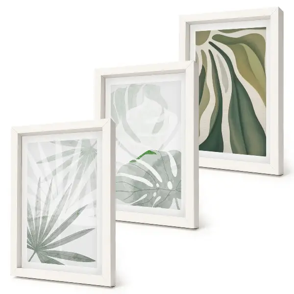 Ensemble de 3 tableaux représentant des feuilles de plantes dans des tons de vert et de gris