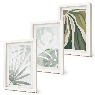 Ensemble de 3 tableaux représentant des feuilles de plantes dans des tons de vert et de gris