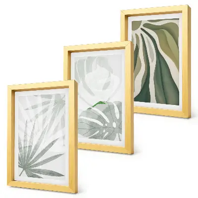Ensemble de 3 tableaux représentant des feuilles de plantes dans des tons de vert et de gris