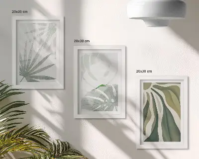 Ensemble de 3 tableaux représentant des feuilles de plantes dans des tons de vert et de gris