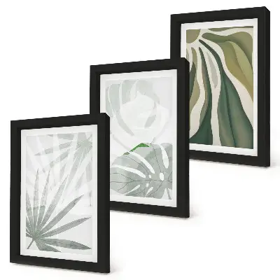 Ensemble de 3 tableaux représentant des feuilles de plantes dans des tons de vert et de gris