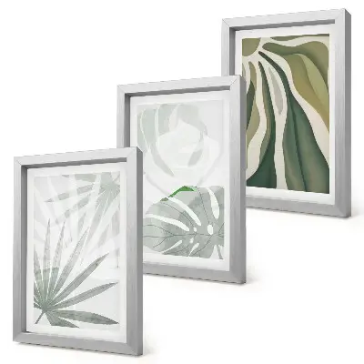 Ensemble de 3 tableaux représentant des feuilles de plantes dans des tons de vert et de gris