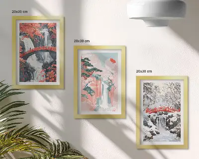 Mur de cadres représentant des cascades au fil des saisons avec des ponts et des arbres