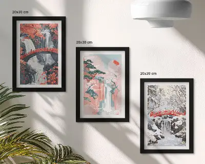 Mur de cadres représentant des cascades au fil des saisons avec des ponts et des arbres