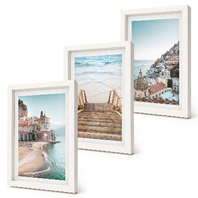 Lot de 3 tableaux Paysages estivaux aux teintes pastel, architecture balnéaire et plage