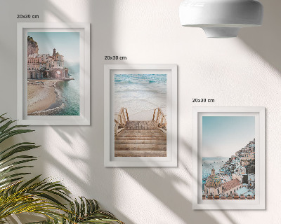 Lot de 3 tableaux Paysages estivaux aux teintes pastel, architecture balnéaire et plage