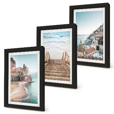 Lot de 3 tableaux Paysages estivaux aux teintes pastel, architecture balnéaire et plage