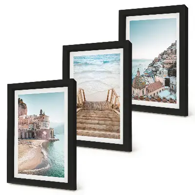 Lot de 3 tableaux représentant des paysages estivaux aux teintes pastel avec architecture balnéaire et plage