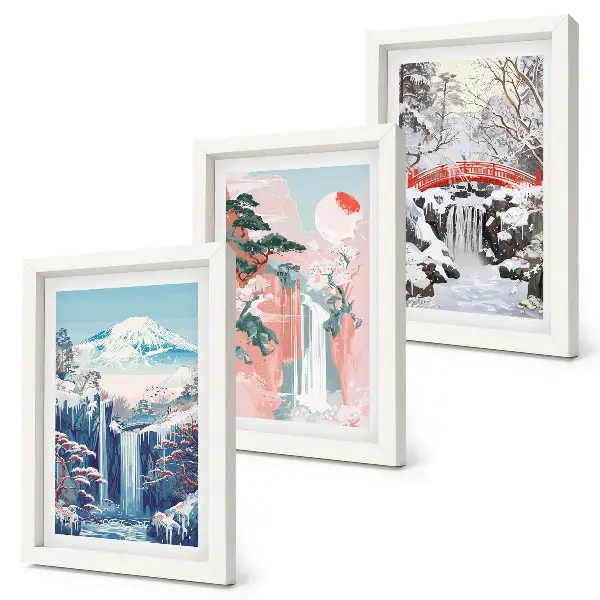 Ensemble de 3 tableaux paysages de montagne et cascades au fil des saisons