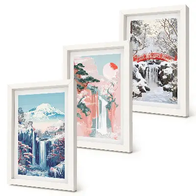 Ensemble de 3 tableaux paysages de montagne et cascades au fil des saisons