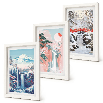 Ensemble de 3 tableaux Paysages de montagne et cascades aux différentes saisons