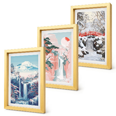 Ensemble de 3 tableaux Paysages de montagne et cascades aux différentes saisons