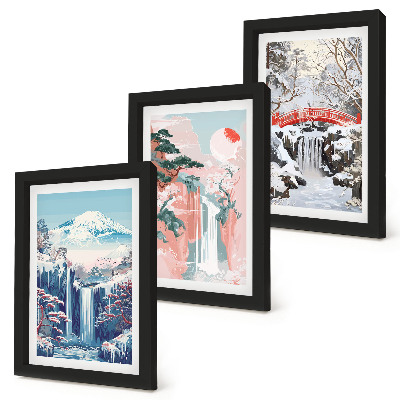 Ensemble de 3 tableaux Paysages de montagne et cascades aux différentes saisons